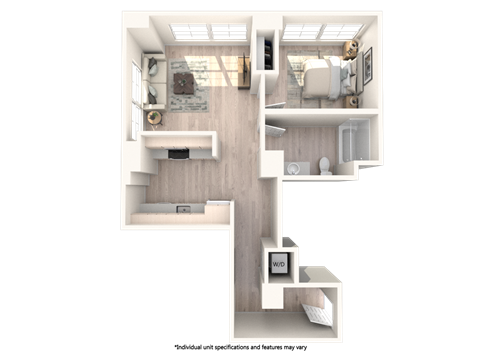 Floor plan for 1 bed, 1 bath, 681 sqft